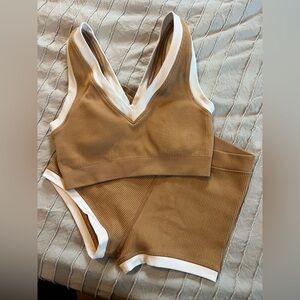 Aerie Ribbed Sports Bra Set in Tan and White